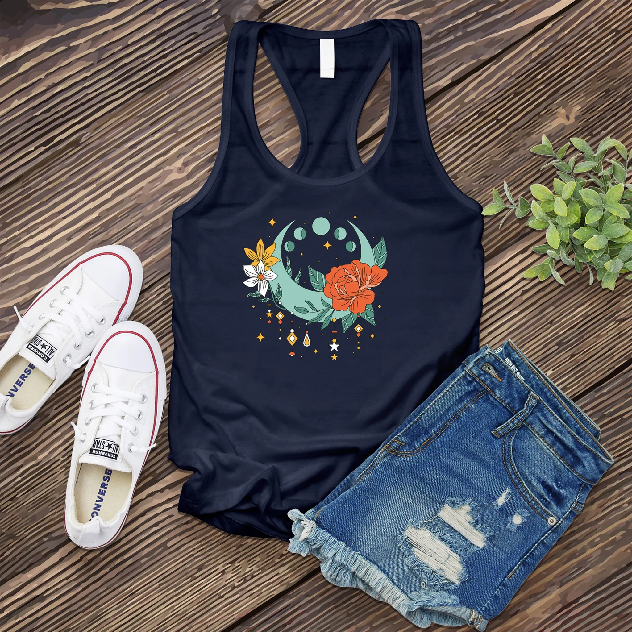 Horizontal Moon Phases Floral Women's Tank Top