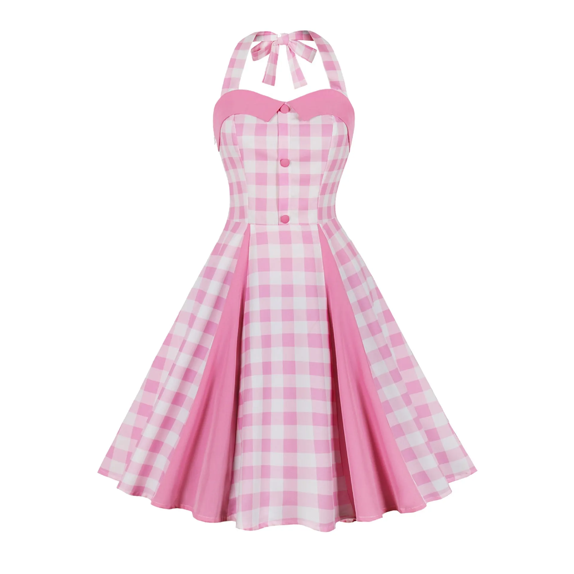 Joskaa avant garde dress to impress Women's Hot Selling Summer Waist-Tight Sweet Halter Suspender Skirt Pink Plaid Dress 3299