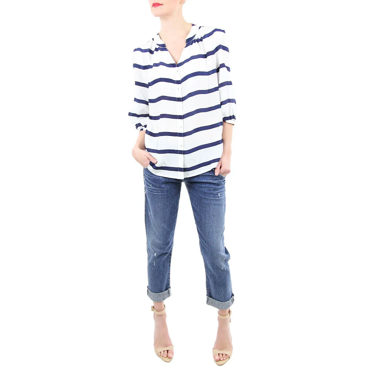 Kirin Blouse - White with Blue Block Stripe