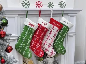 Knitted Personalized Christmas Stocking White Red Green Knit Tree with Embroidered Names Family Set