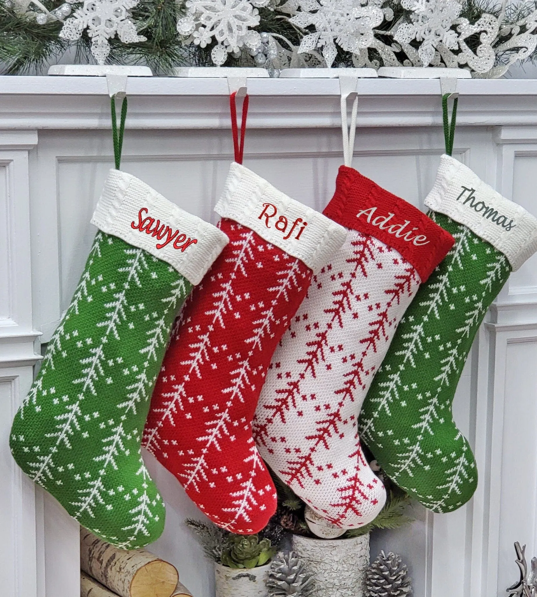 Knitted Personalized Christmas Stocking White Red Green Knit Tree with Embroidered Names Family Set