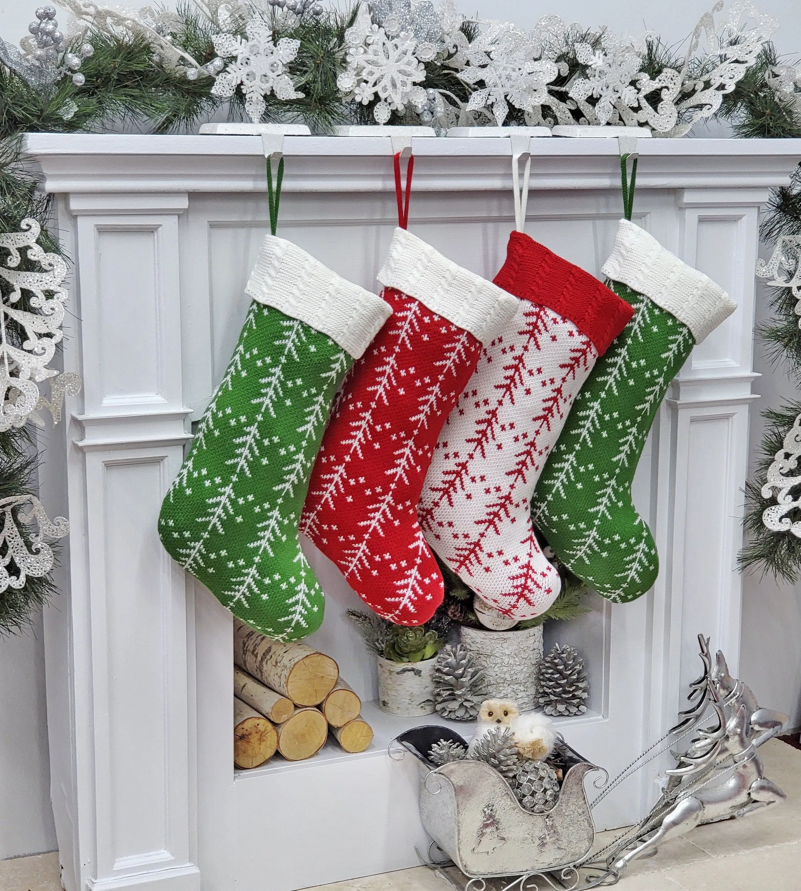 Knitted Personalized Christmas Stocking White Red Green Knit Tree with Embroidered Names Family Set