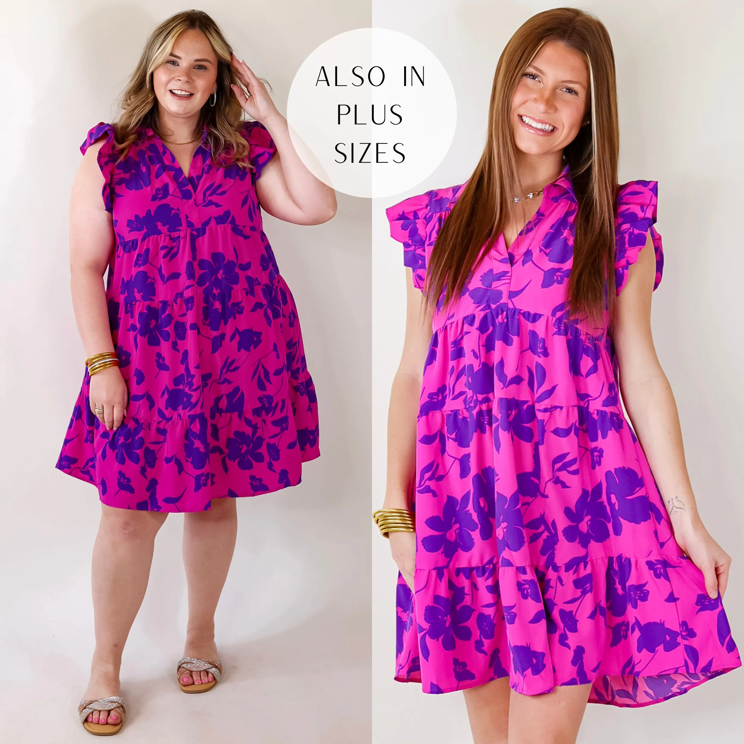 Last Chance Size Small & Large | All Of A Sudden Ruffle Cap Sleeve Floral Short Dress in Magenta Mix