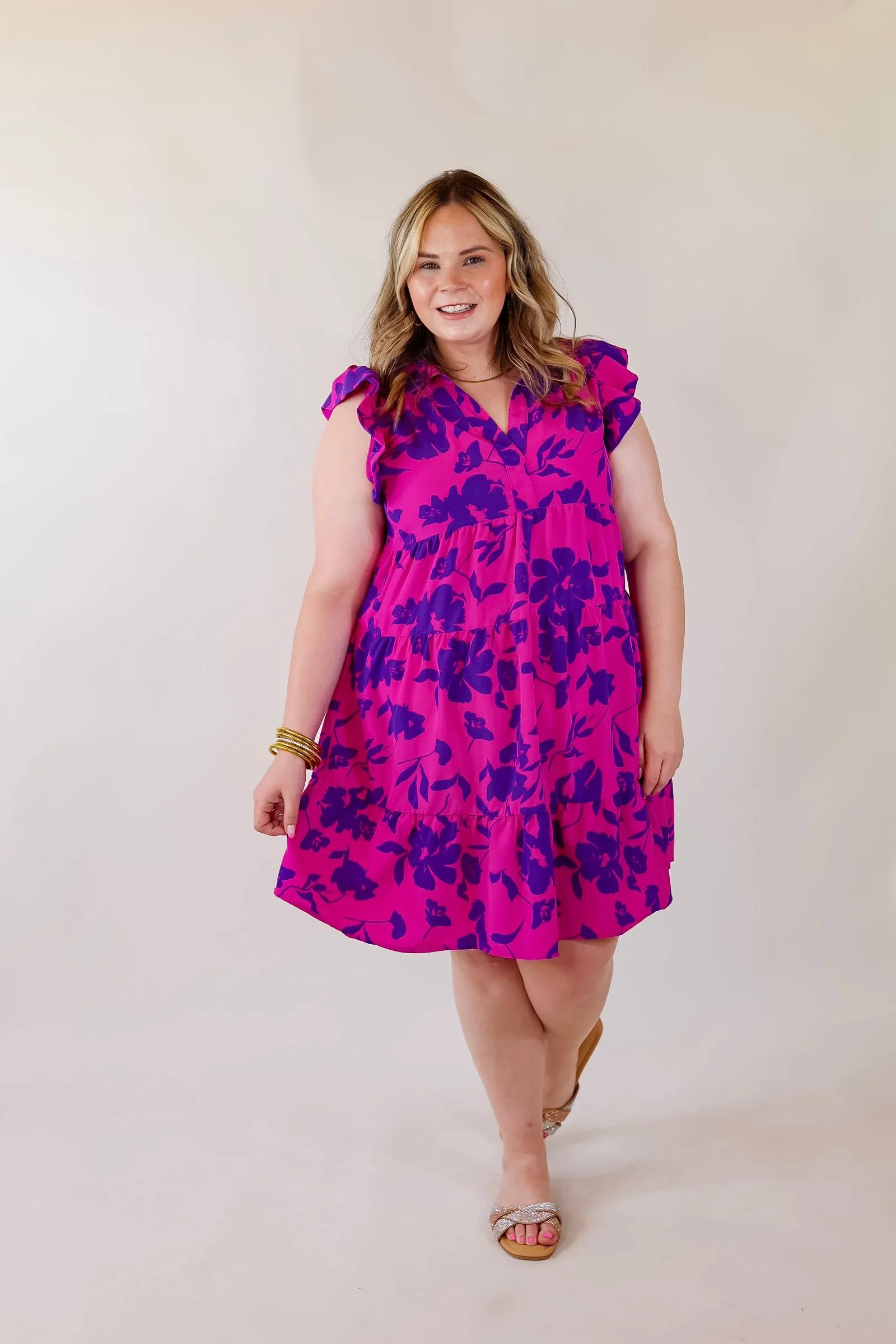 Last Chance Size Small & Large | All Of A Sudden Ruffle Cap Sleeve Floral Short Dress in Magenta Mix