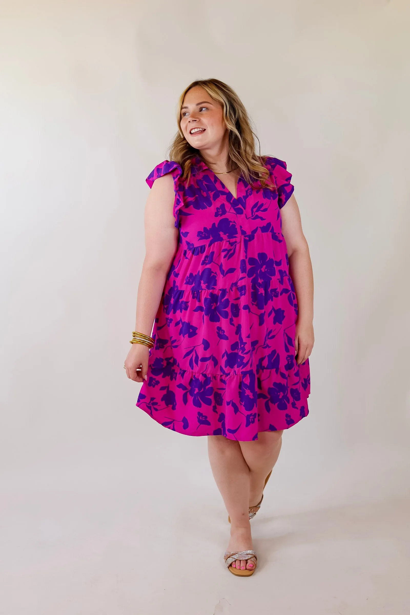 Last Chance Size Small & Large | All Of A Sudden Ruffle Cap Sleeve Floral Short Dress in Magenta Mix