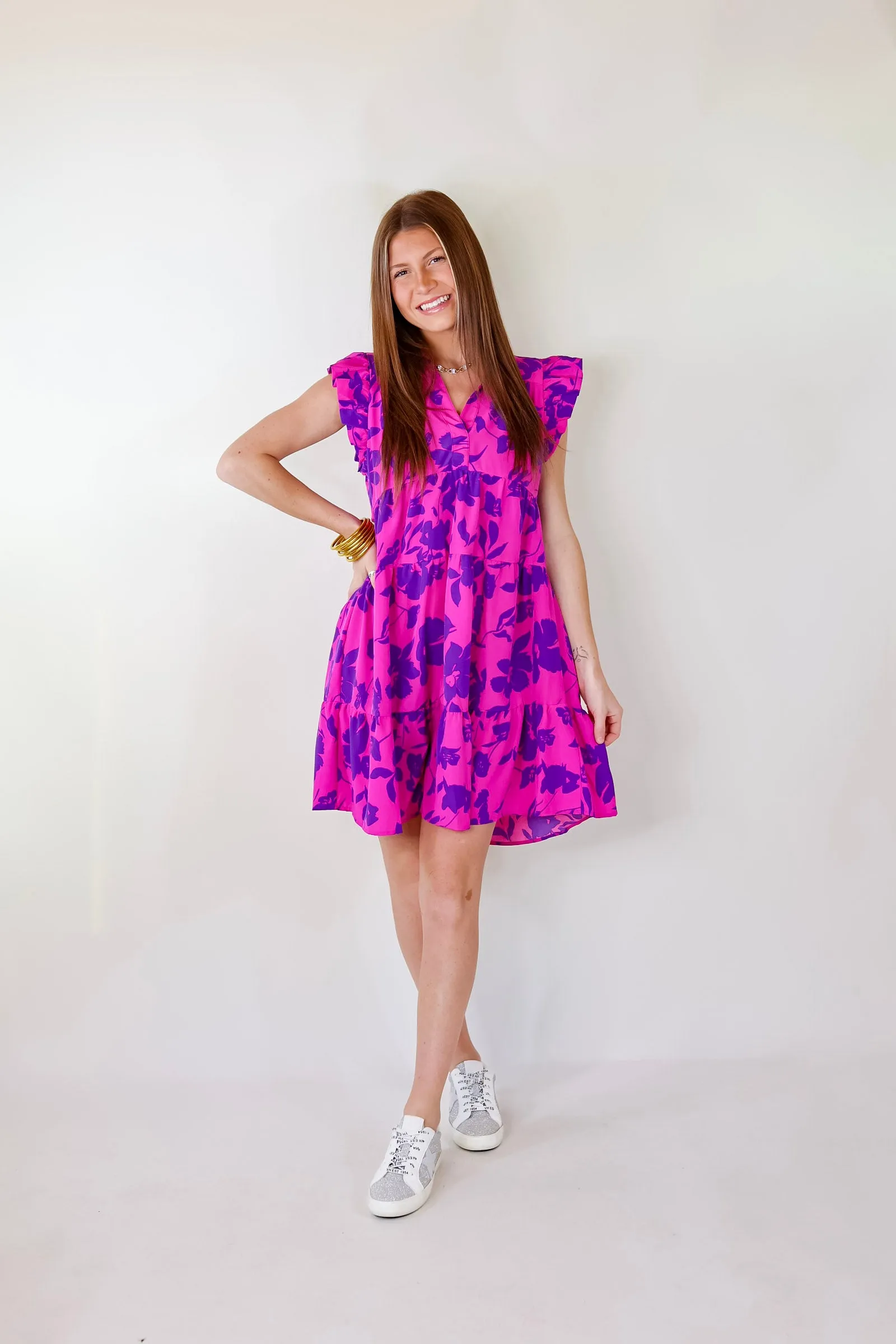 Last Chance Size Small & Large | All Of A Sudden Ruffle Cap Sleeve Floral Short Dress in Magenta Mix