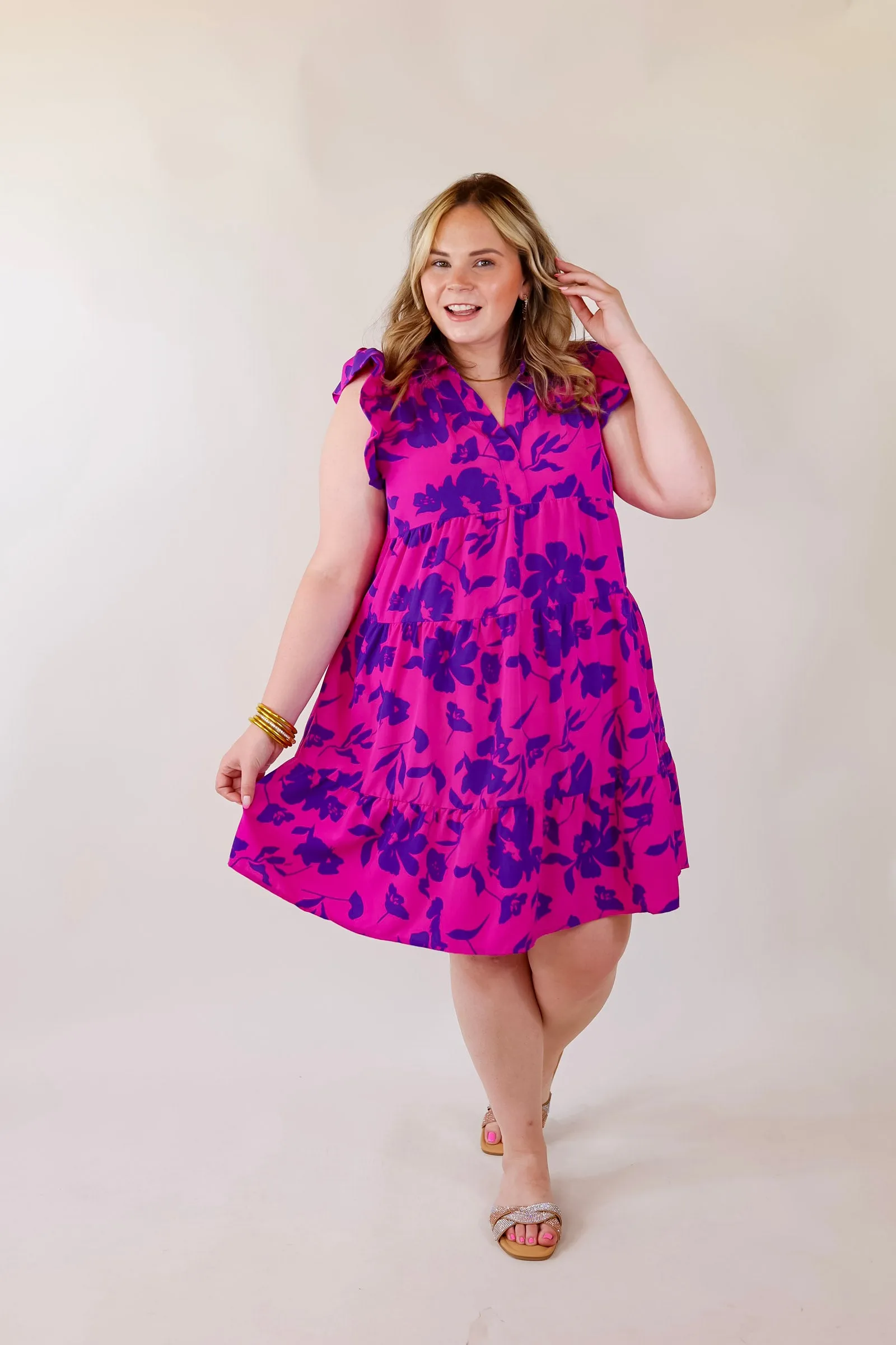 Last Chance Size Small & Large | All Of A Sudden Ruffle Cap Sleeve Floral Short Dress in Magenta Mix