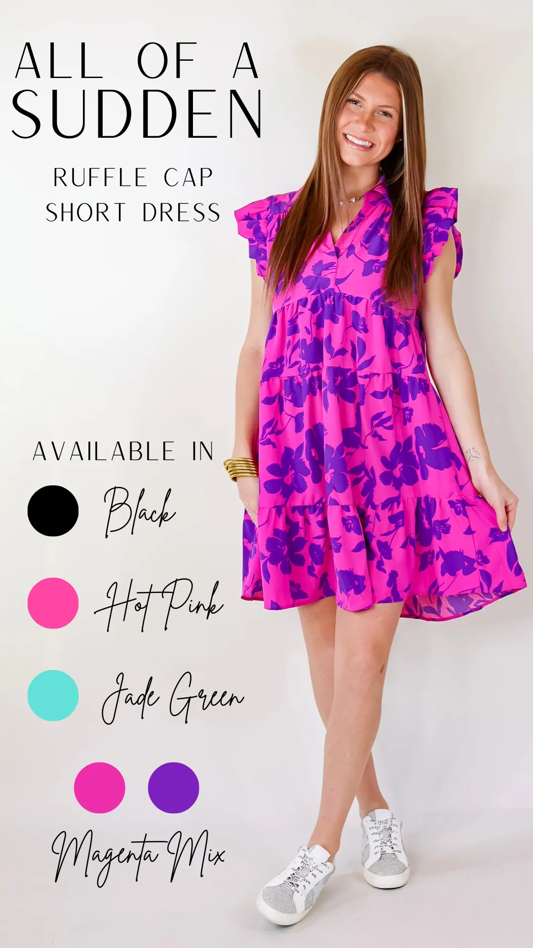 Last Chance Size Small & Large | All Of A Sudden Ruffle Cap Sleeve Floral Short Dress in Magenta Mix