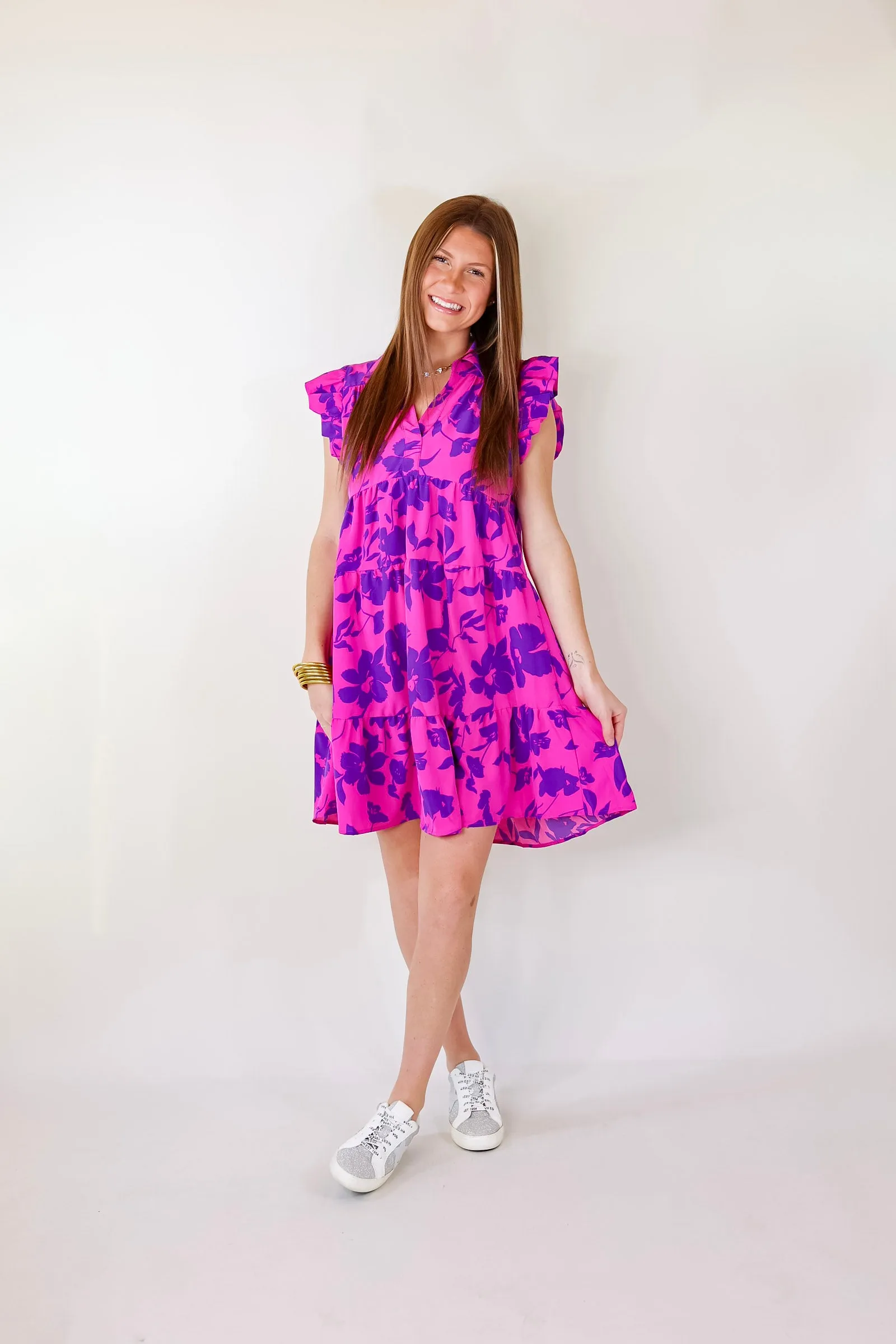 Last Chance Size Small & Large | All Of A Sudden Ruffle Cap Sleeve Floral Short Dress in Magenta Mix