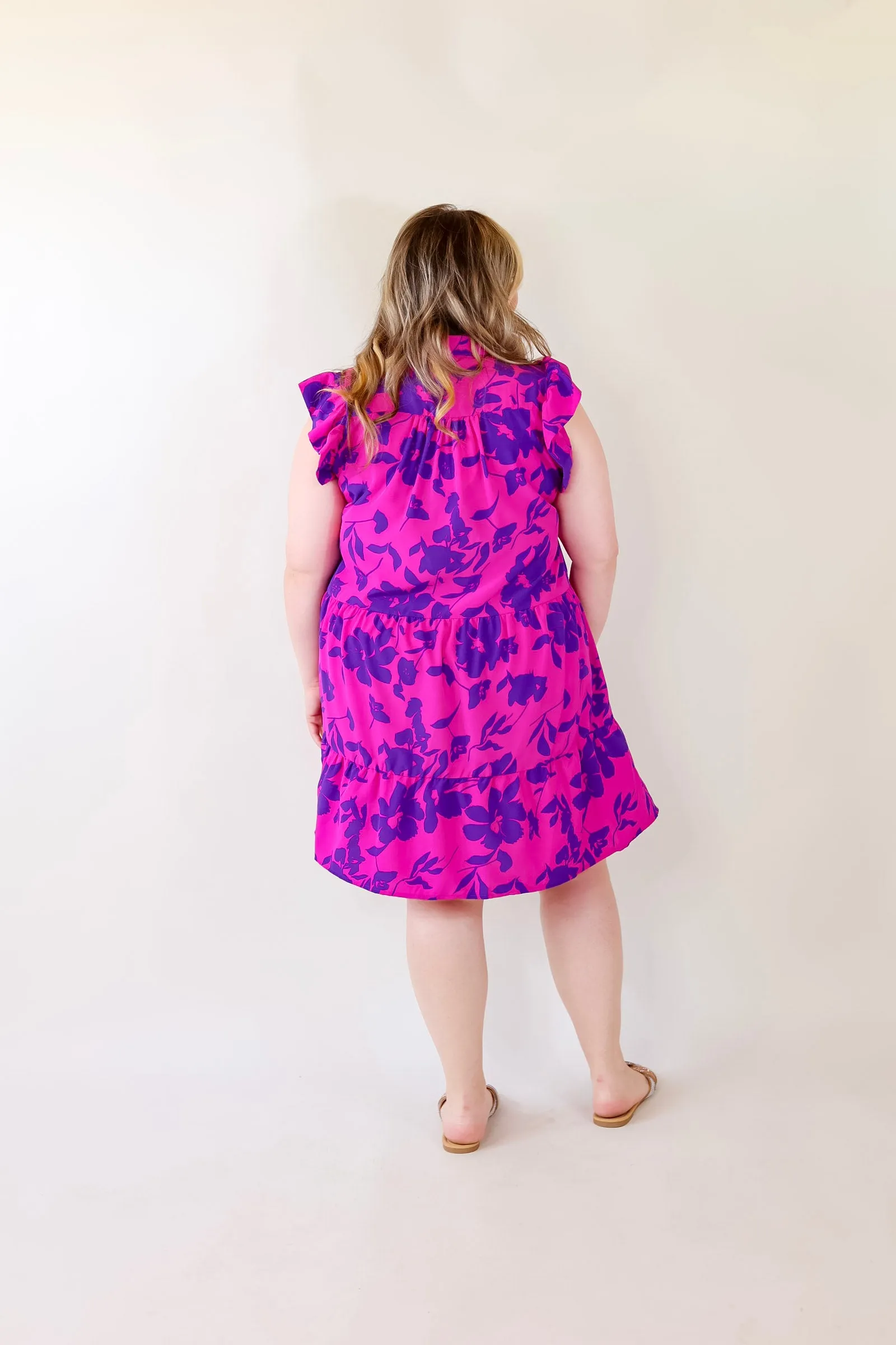 Last Chance Size Small & Large | All Of A Sudden Ruffle Cap Sleeve Floral Short Dress in Magenta Mix