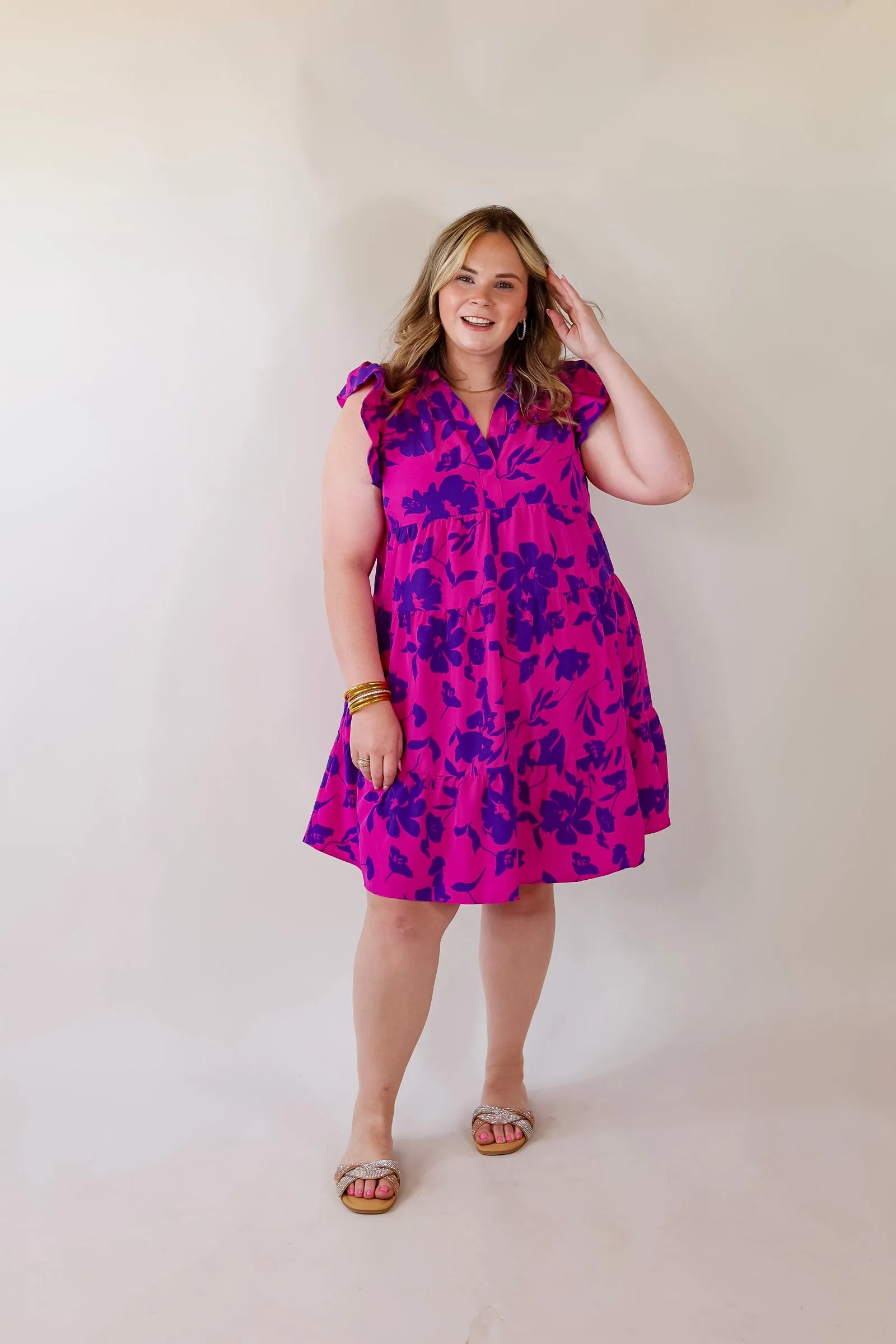 Last Chance Size Small & Large | All Of A Sudden Ruffle Cap Sleeve Floral Short Dress in Magenta Mix