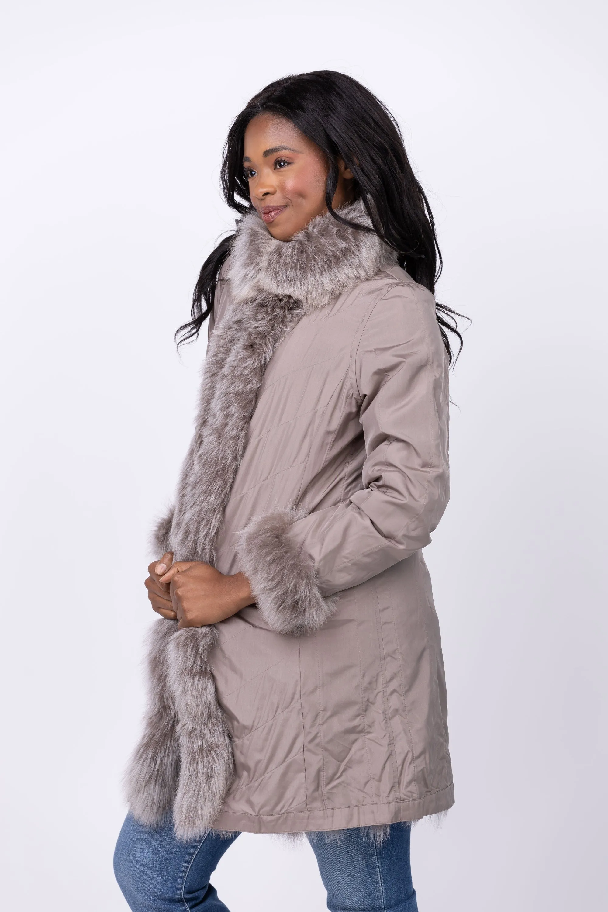 Linda Richards 35” Genuine Fox Fur Reversible Coat in Stone