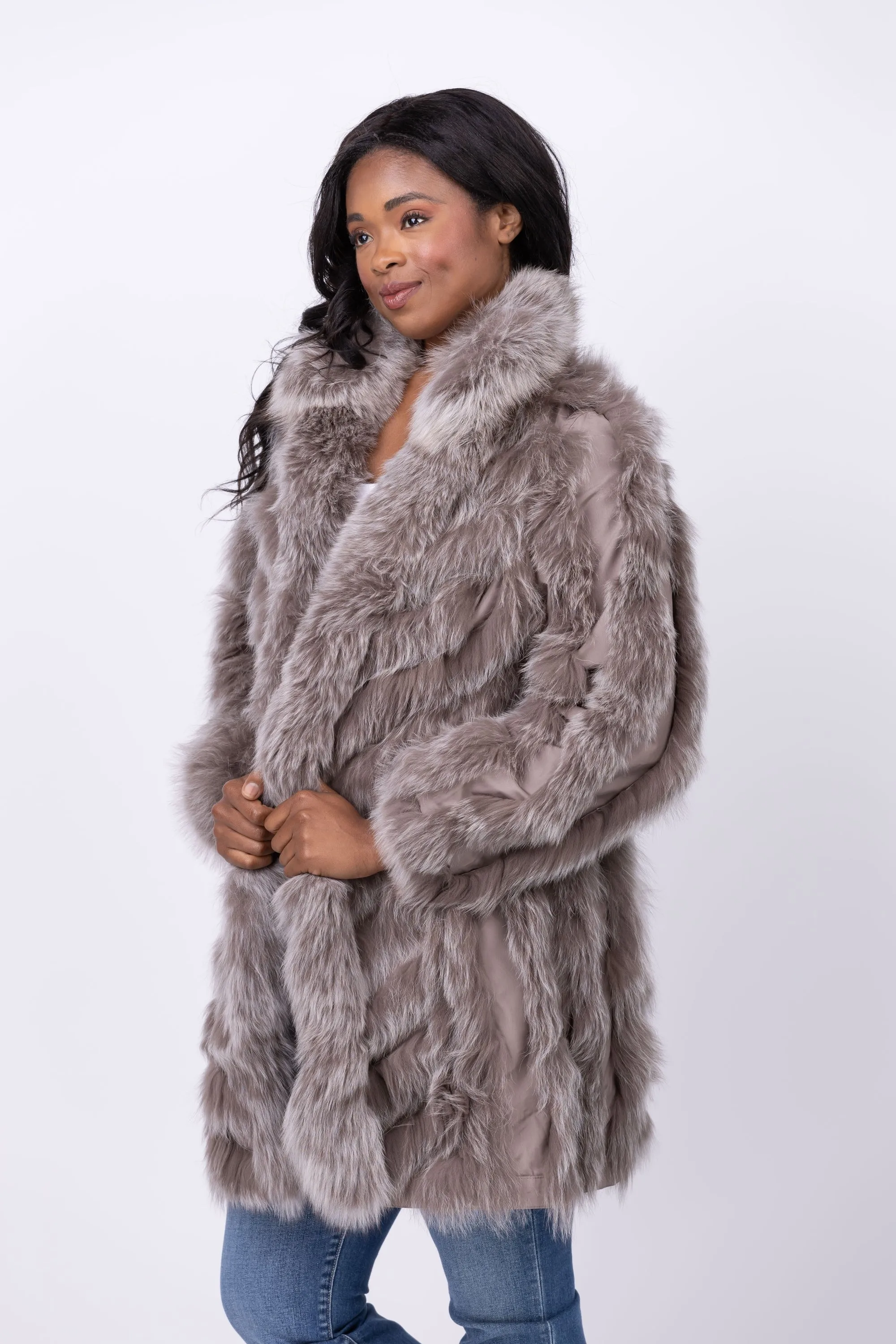 Linda Richards 35” Genuine Fox Fur Reversible Coat in Stone