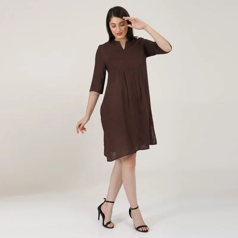 Linen Brown Short Dress for Women | Paneled V-Neck