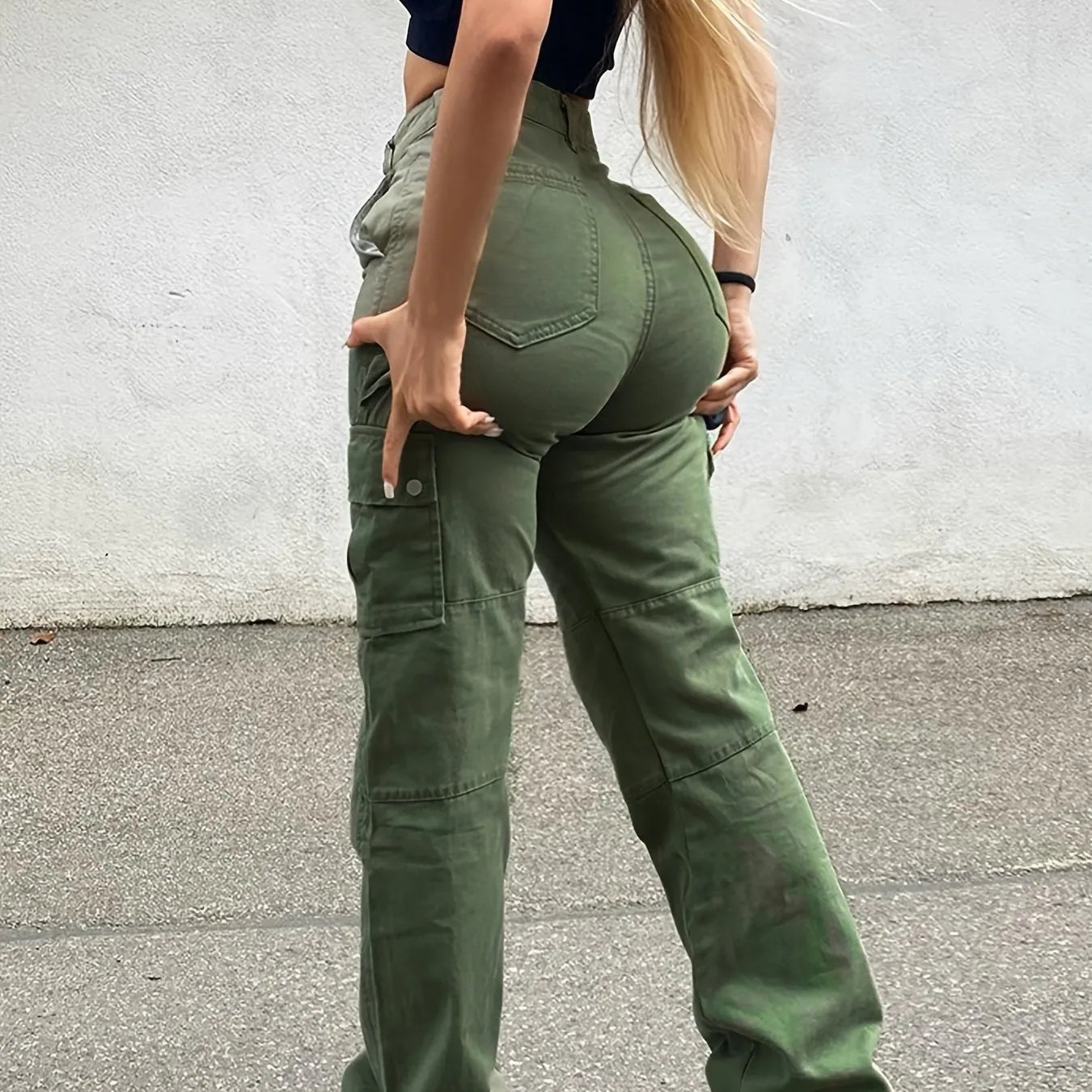 Long Length High Waist Y2K Cargo Pants - Comfy Micro Elasticity Solid Color Zipper Fly with Pocket - Machine Washable Cotton Blend Weekend Casual Wear for Adult Women