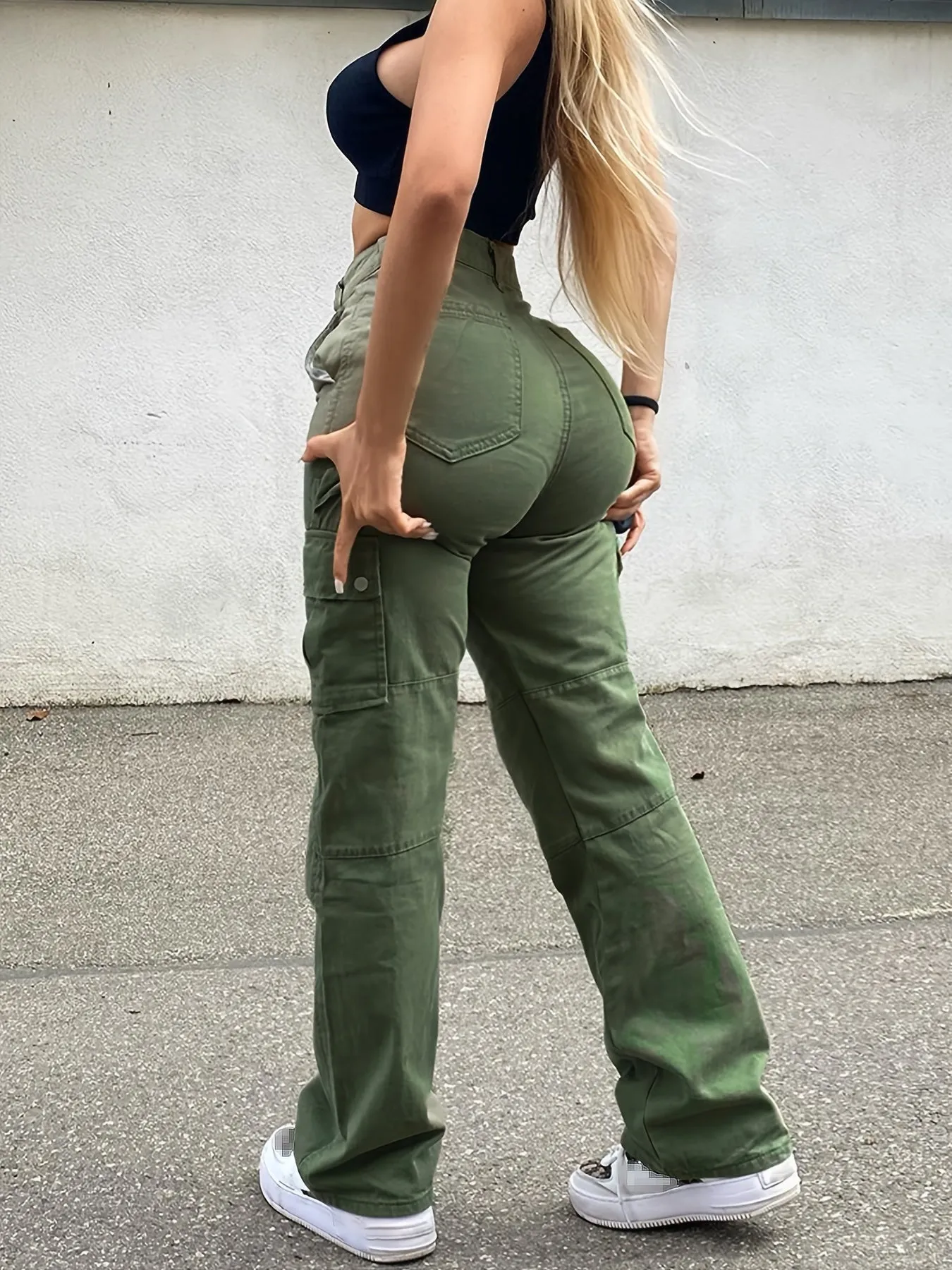 Long Length High Waist Y2K Cargo Pants - Comfy Micro Elasticity Solid Color Zipper Fly with Pocket - Machine Washable Cotton Blend Weekend Casual Wear for Adult Women