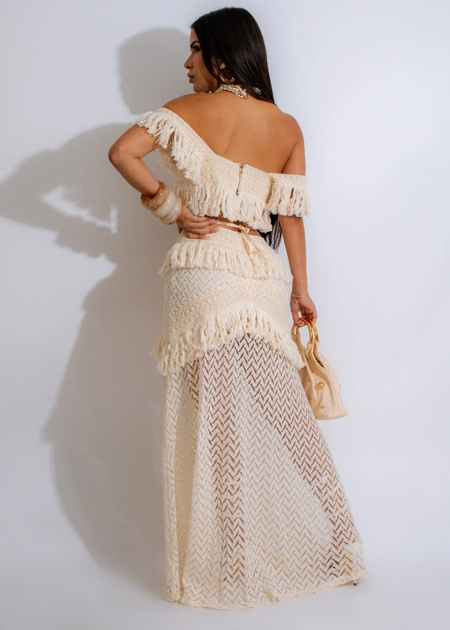 Looking Good Fringe Knit Skirt Set Nude