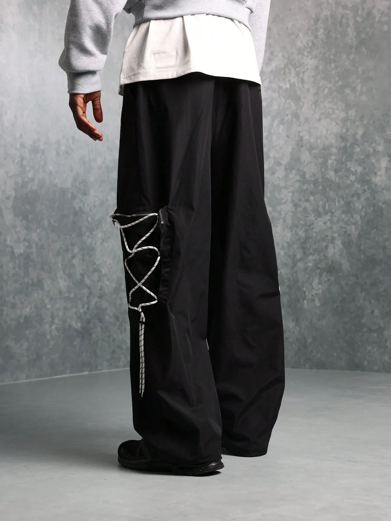 Loose Fit Parachute Nylon Cargo Pants With Oversized Cargo Pocket & Mountain Cords