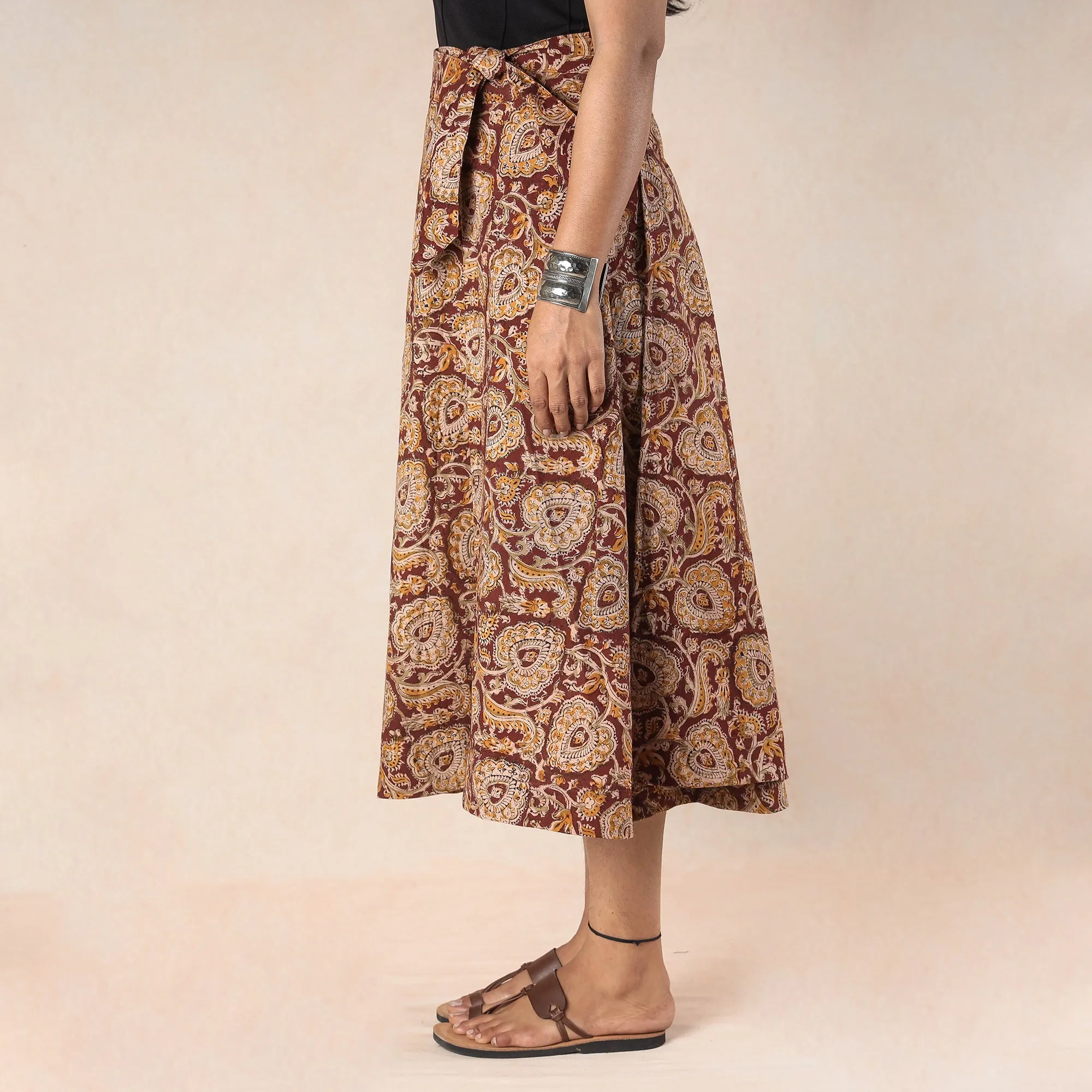 Maroon - Kalamkari Block Printed Cotton Wrap Around Skirt