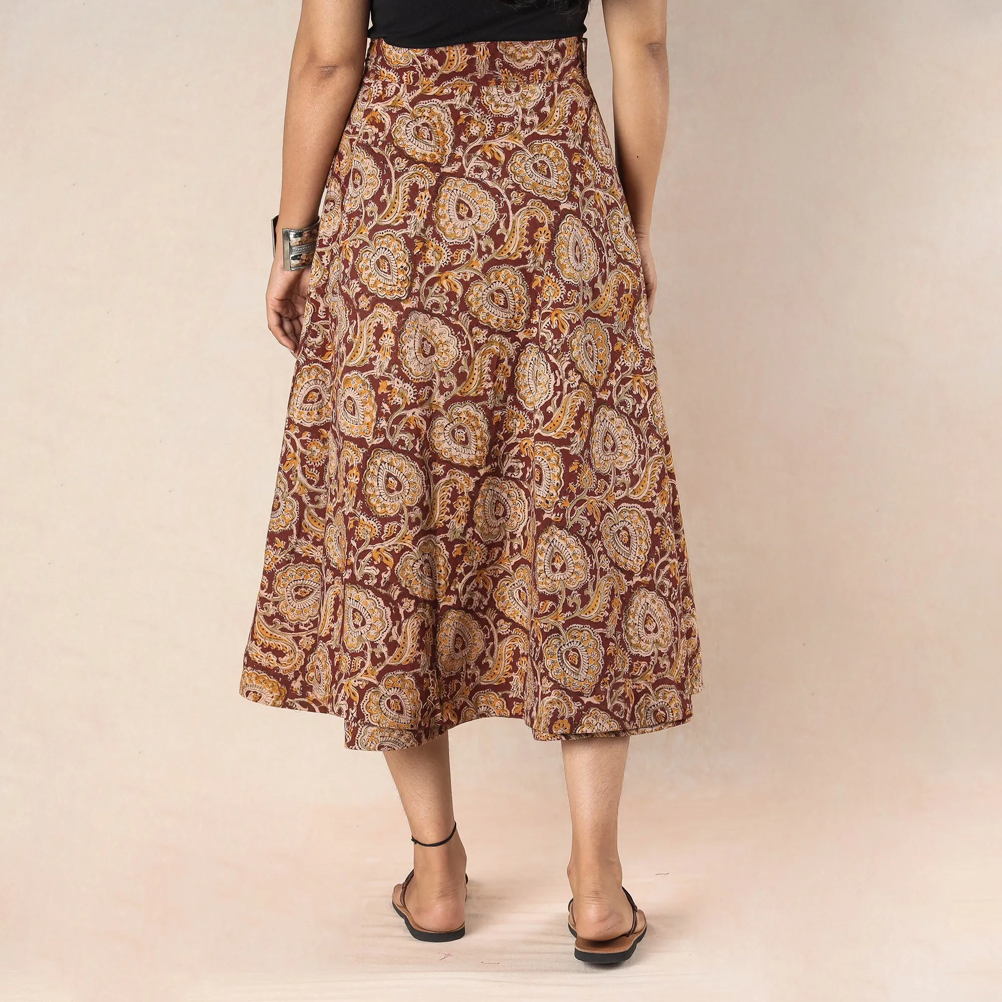 Maroon - Kalamkari Block Printed Cotton Wrap Around Skirt