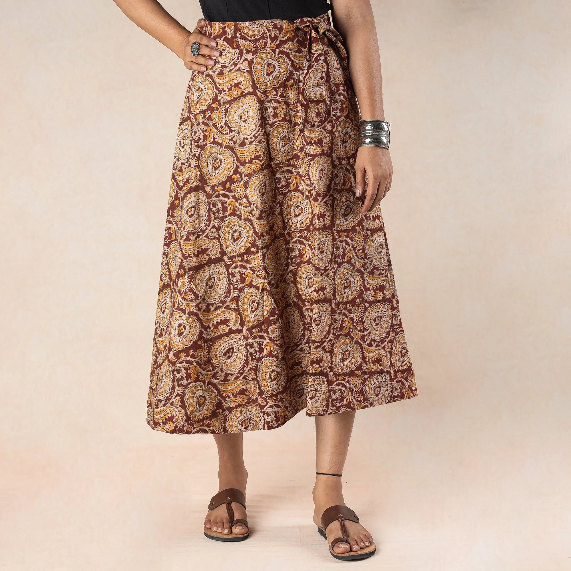 Maroon - Kalamkari Block Printed Cotton Wrap Around Skirt