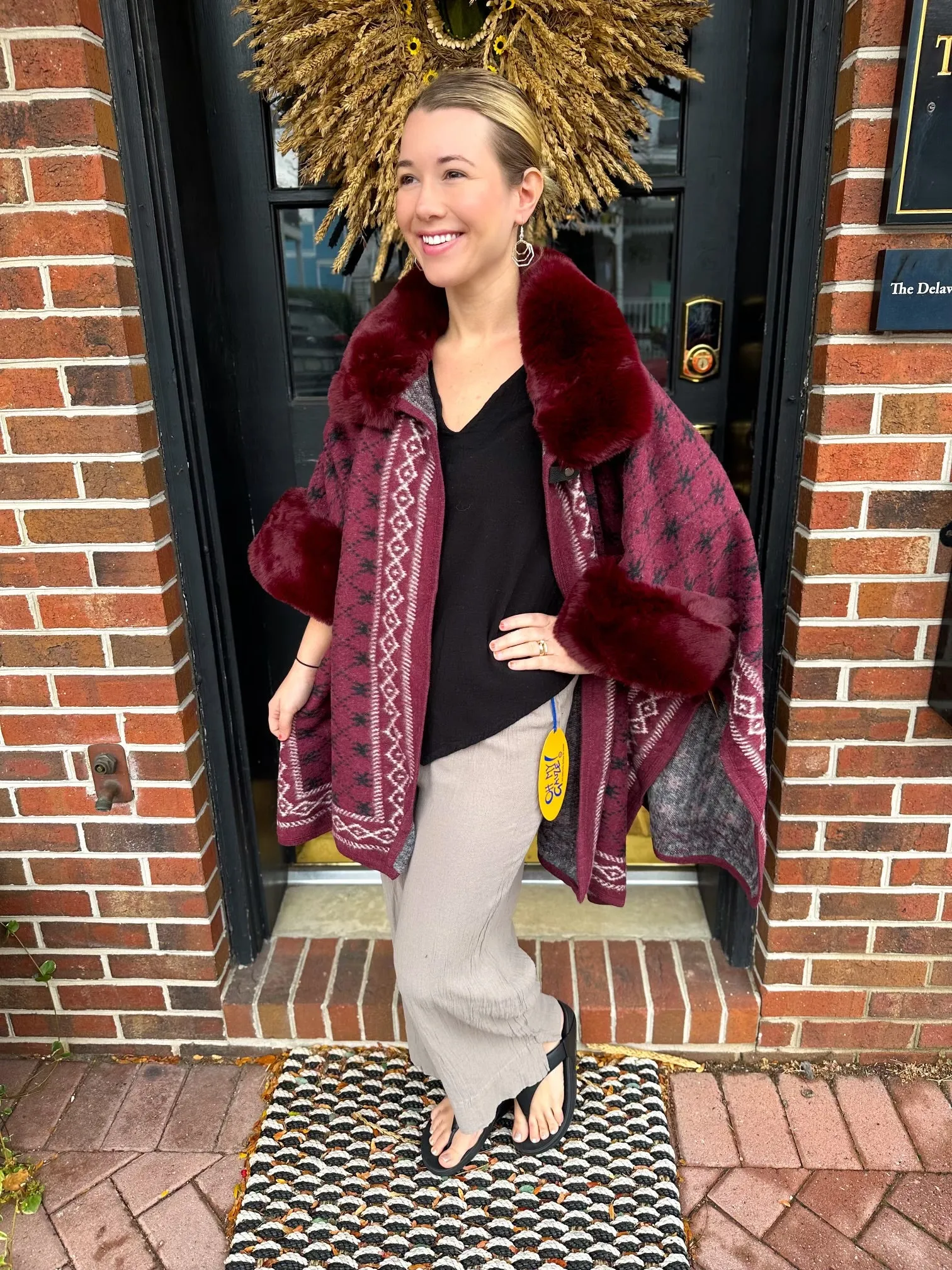 Maroon Trellis Wrap with Faux Fur Trim