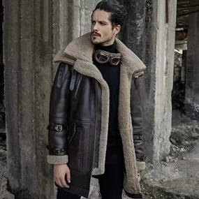 Men's Brown Long Shearling Sheepskin Coat with Fur Collar