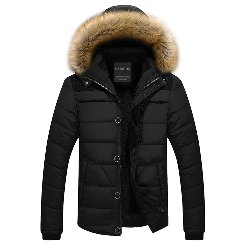 Men's Faux Fur Trim Hooded Puffer Long Sleeves Jacket