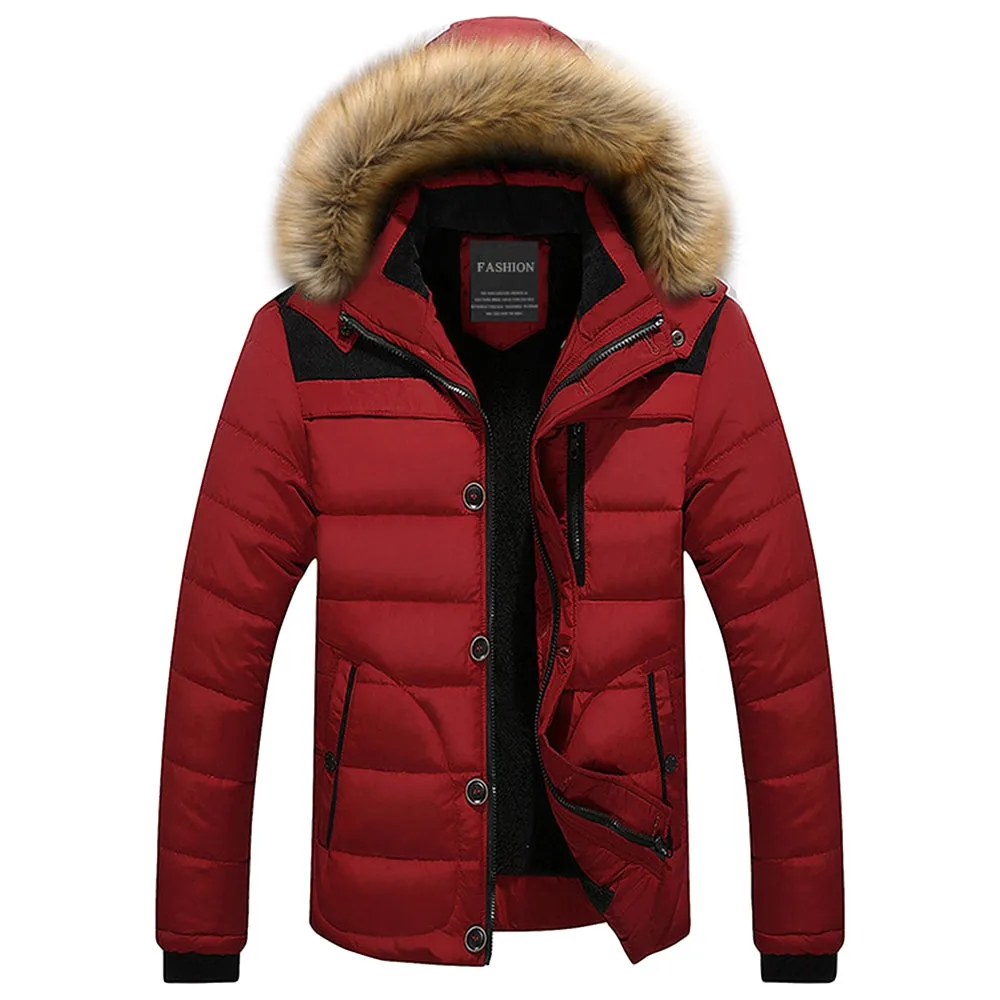 Men's Faux Fur Trim Hooded Puffer Long Sleeves Jacket