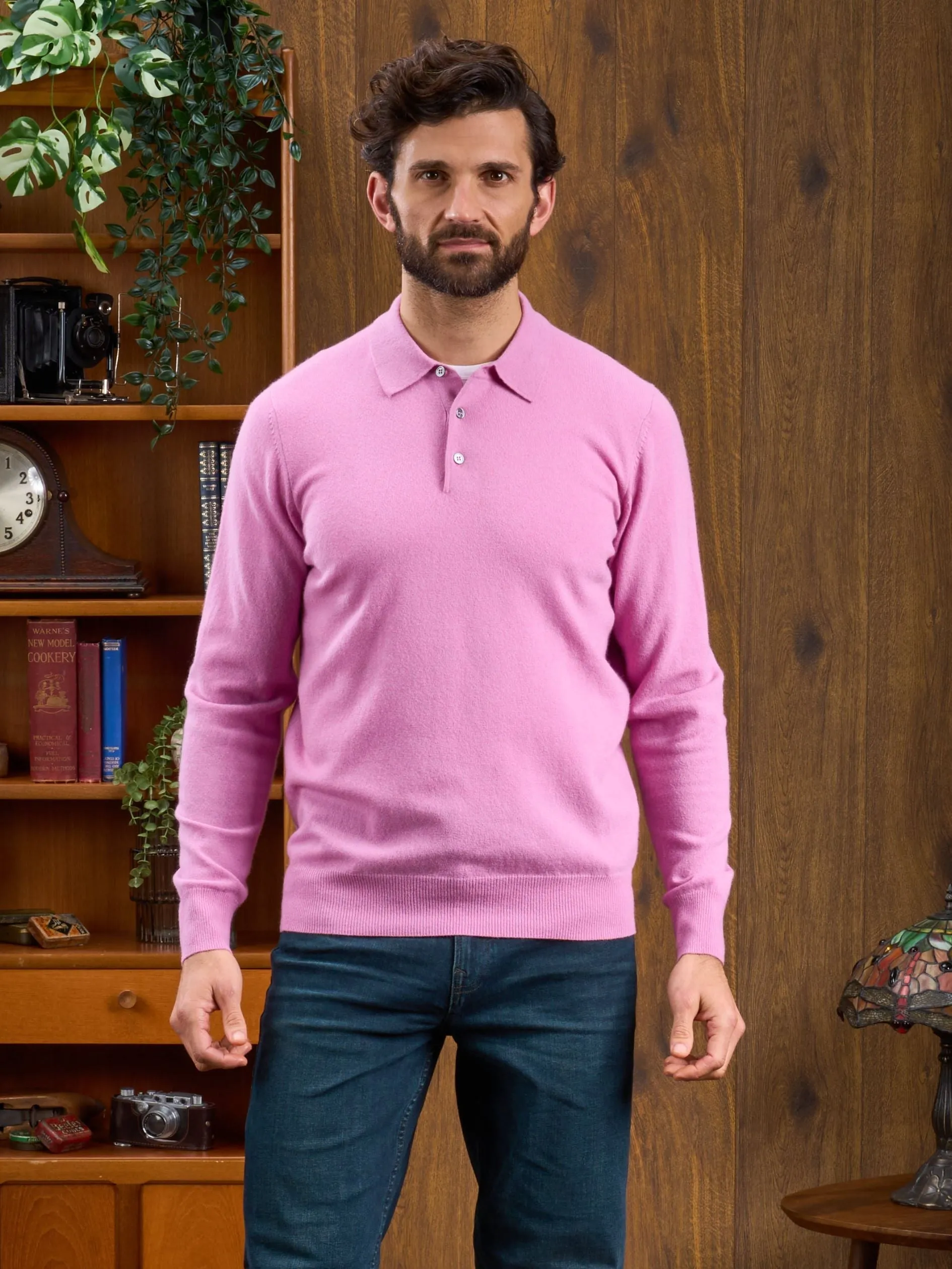 Men's Geelong Lambswool Long Sleeve Polo Shirt in Pink Haze - Regular Fit