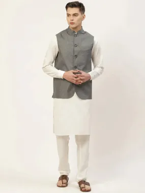 Men'S Kurta Pyjama With Charcoal Grey Solid Nehru Jacket