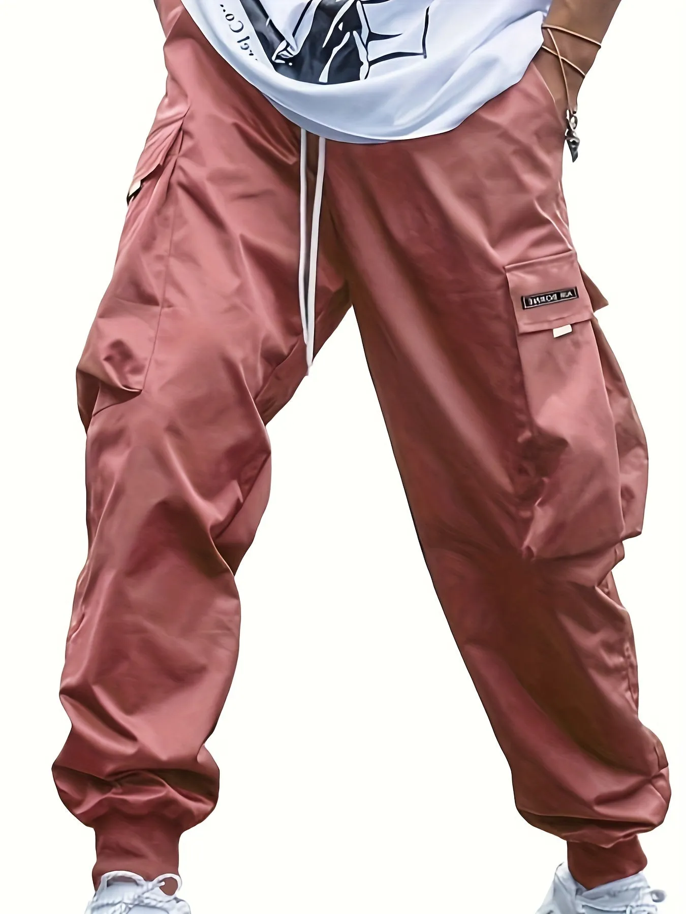 Men's Letters Pattern Solid Color Jogger Cargo Pants, Casual Comfy Multi-pocket Baggy Outdoor Trousers As Gift