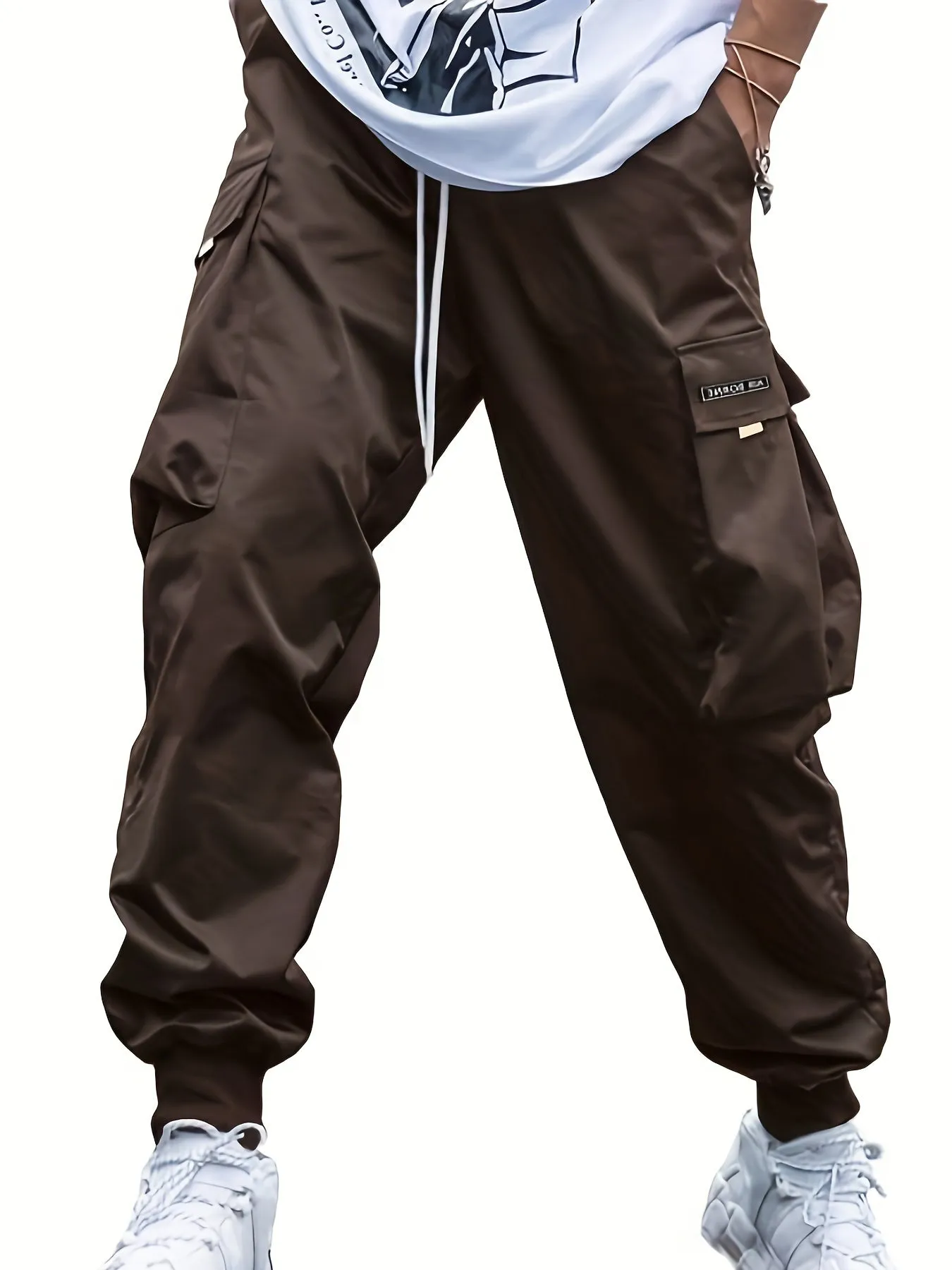 Men's Letters Pattern Solid Color Jogger Cargo Pants, Casual Comfy Multi-pocket Baggy Outdoor Trousers As Gift