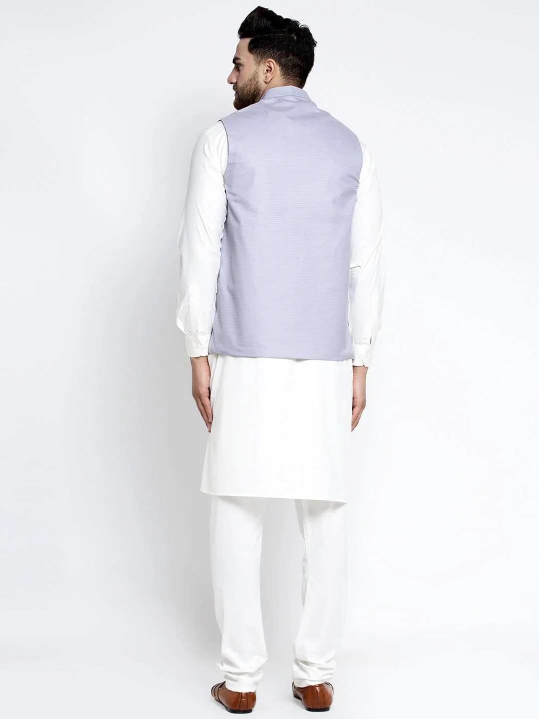 Men's Solid White Cotton Kurta Payjama with Geometric Waistcoat ( JOKPWC OW-F 4022 Blue ) - Virat Fashions