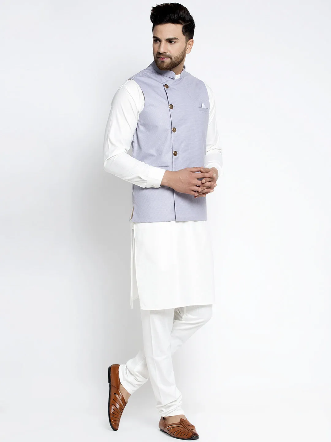 Men's Solid White Cotton Kurta Payjama with Geometric Waistcoat ( JOKPWC OW-F 4022 Blue ) - Virat Fashions