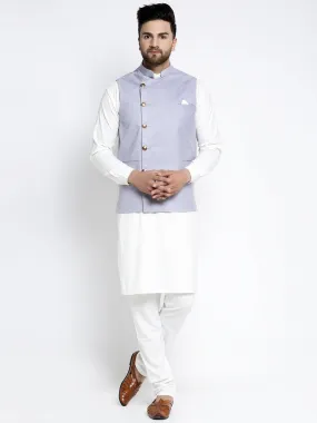 Men's Solid White Cotton Kurta Payjama with Geometric Waistcoat ( JOKPWC OW-F 4022 Blue ) - Virat Fashions