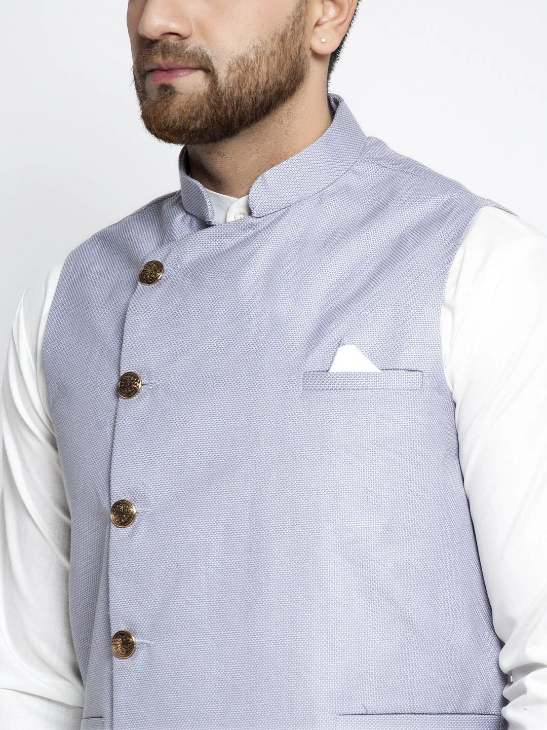 Men's Solid White Cotton Kurta Payjama with Geometric Waistcoat ( JOKPWC OW-F 4022 Blue ) - Virat Fashions