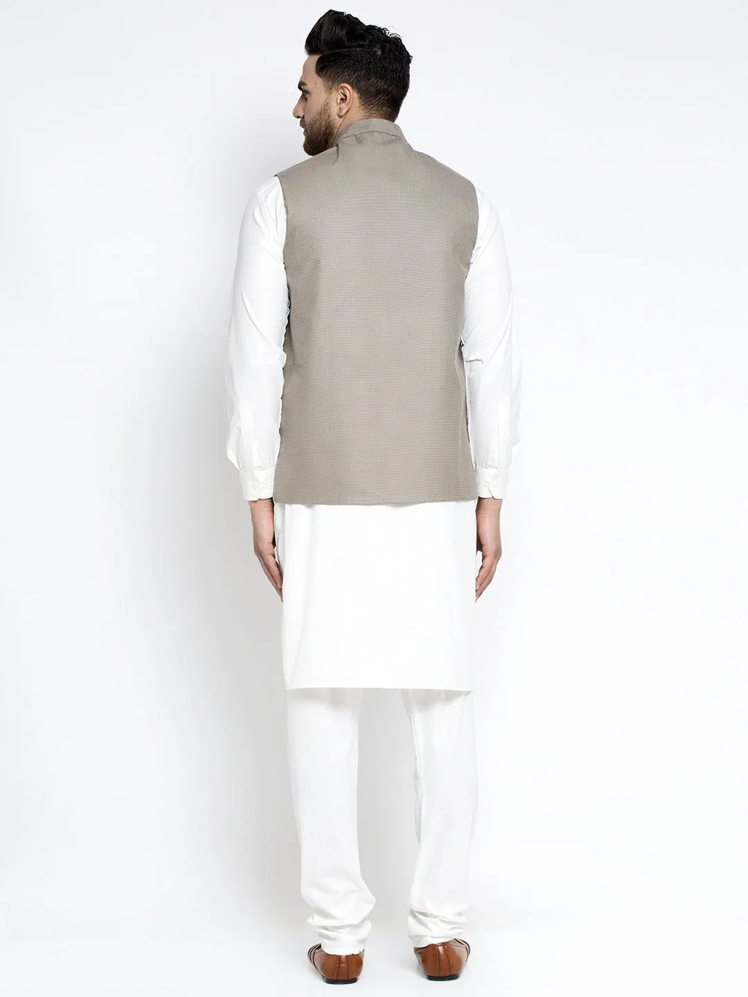 Men's Solid White Cotton Kurta Payjama with Geometric Waistcoat ( JOKPWC OW-F 4022 Grey ) - Virat Fashions