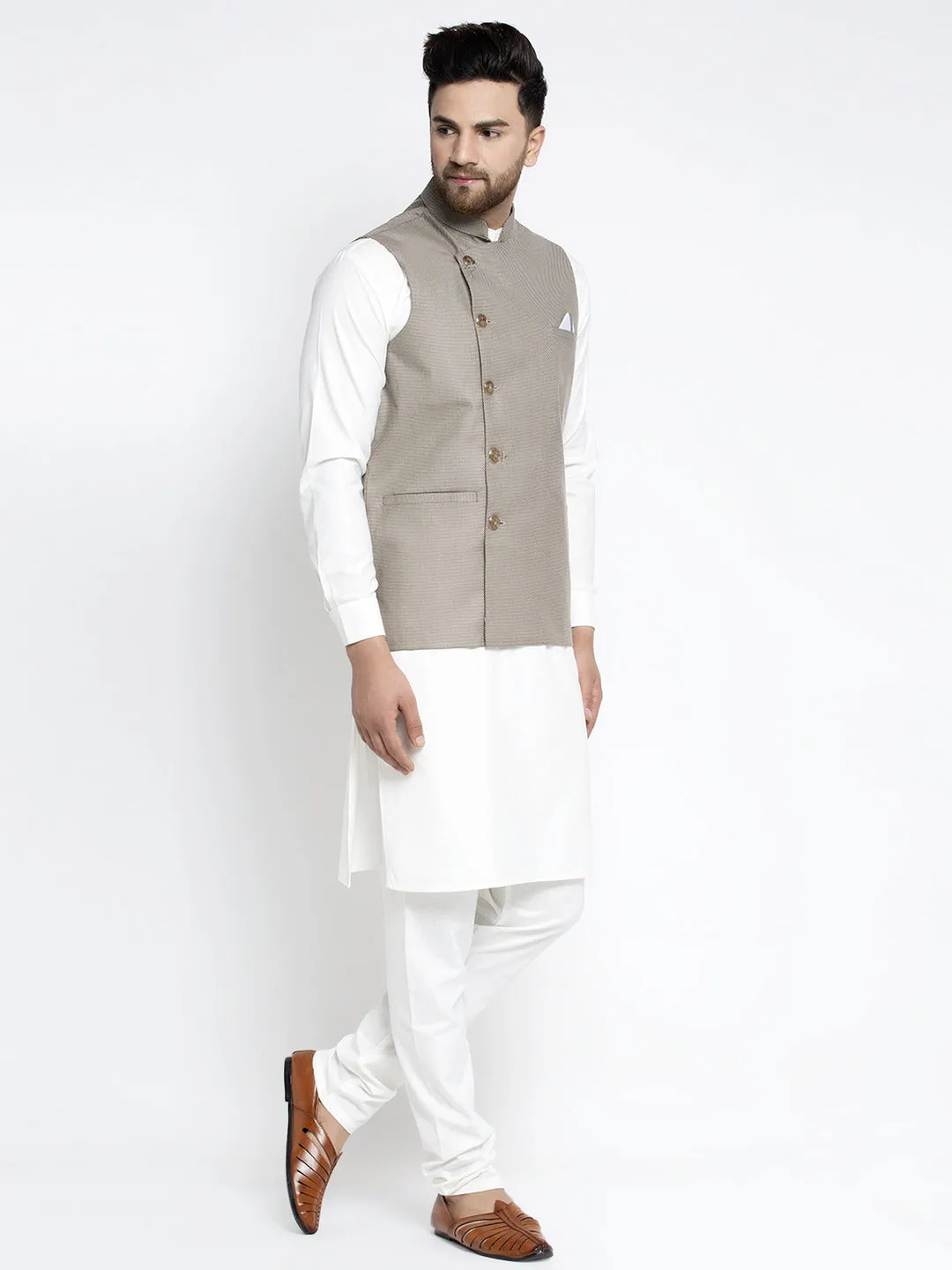 Men's Solid White Cotton Kurta Payjama with Geometric Waistcoat ( JOKPWC OW-F 4022 Grey ) - Virat Fashions