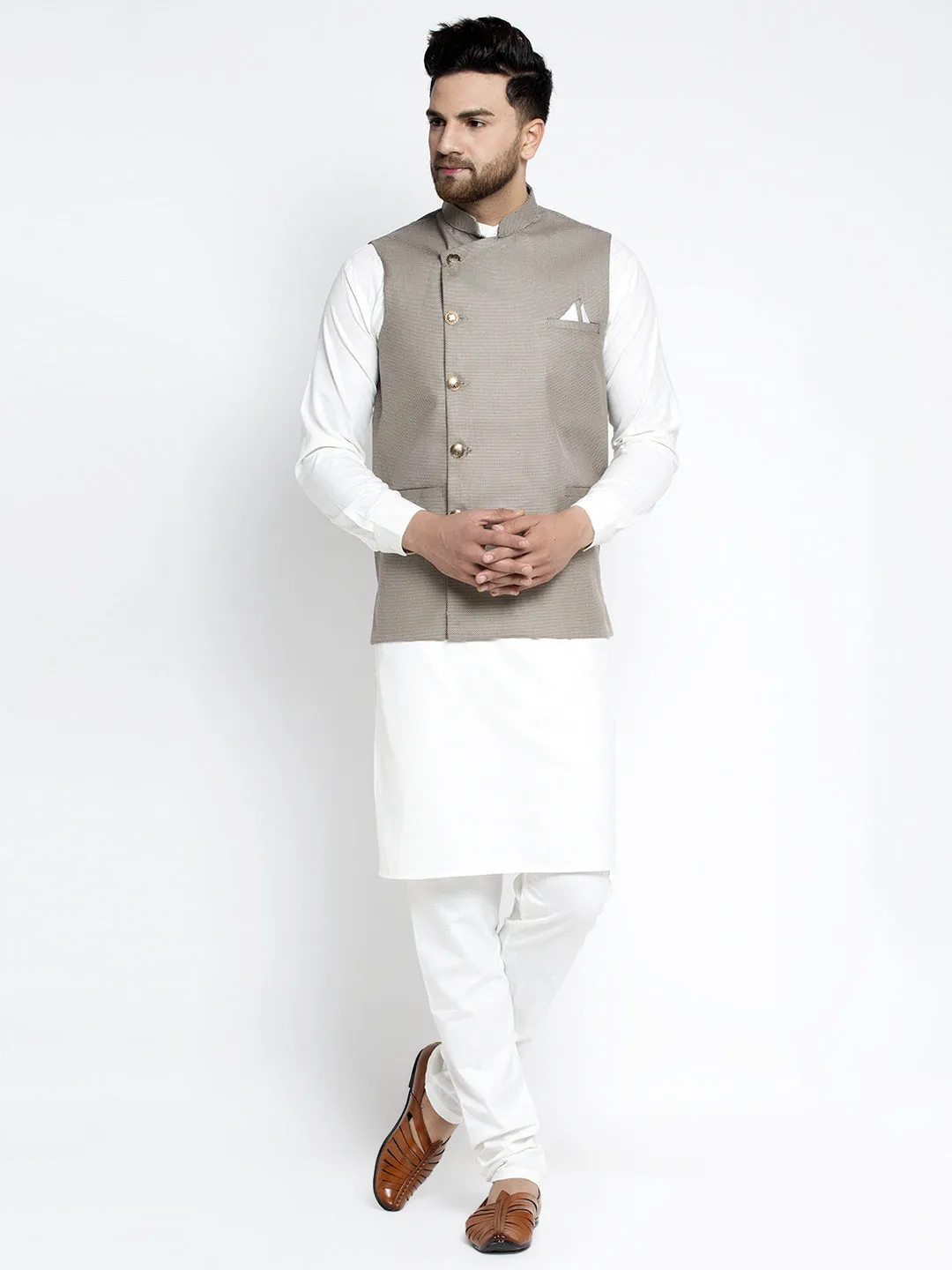 Men's Solid White Cotton Kurta Payjama with Geometric Waistcoat ( JOKPWC OW-F 4022 Grey ) - Virat Fashions