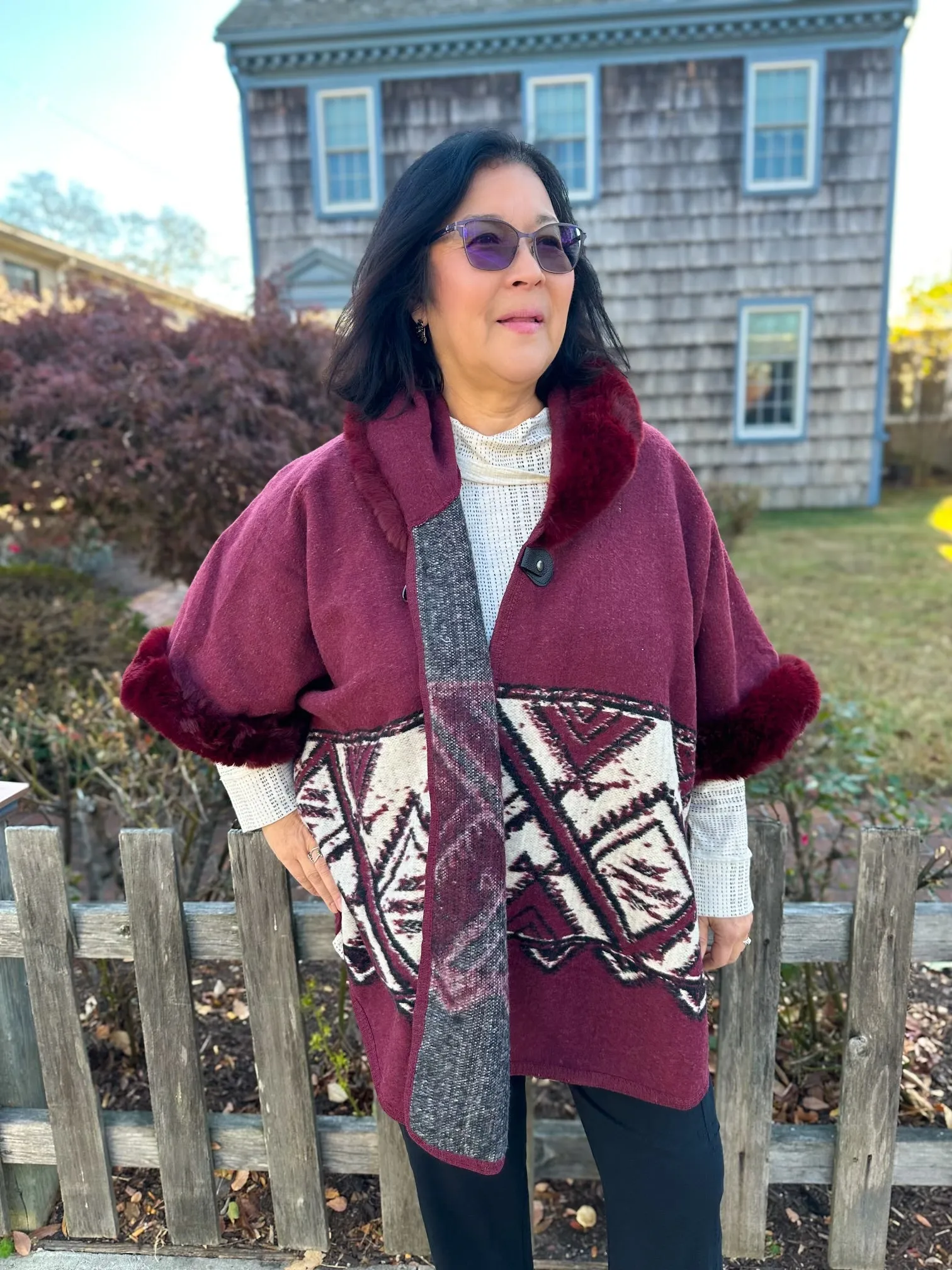 Merlot Aztec Wrap with Faux Fur Trim with Hood