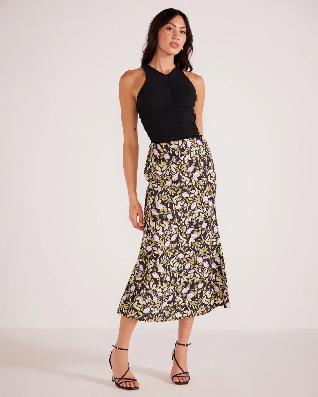 Minkpink Nocturne Bias Slip Midi Skirt in Lilac Floral