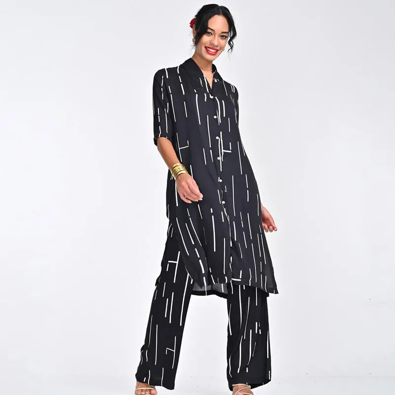 Modal Printed Co Ord Ord For Women | Shirt & Trouser | Draped Neck | Black