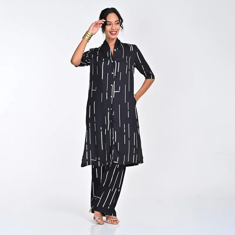 Modal Printed Co Ord Ord For Women | Shirt & Trouser | Draped Neck | Black