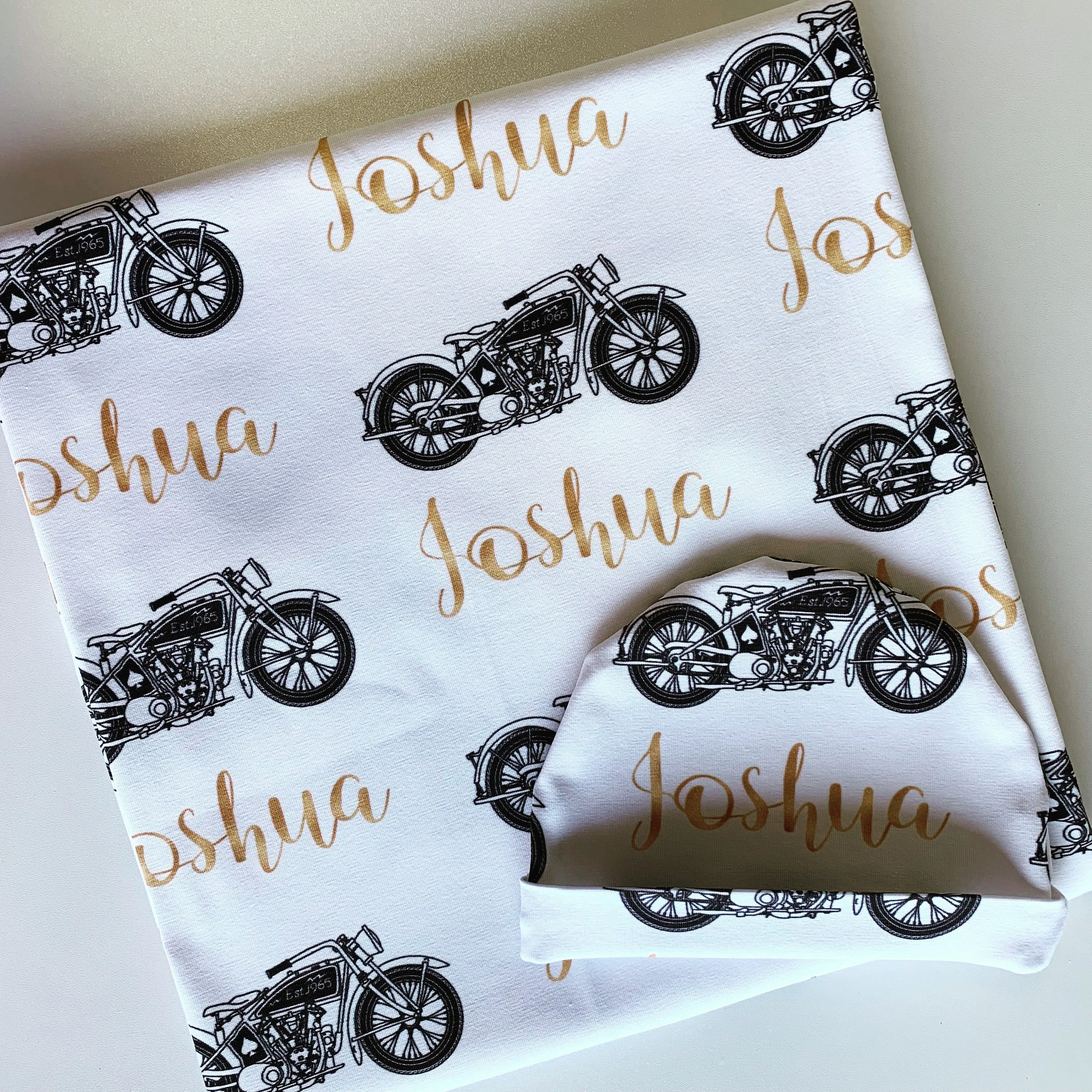 Motorbike & Lux gold foil look writing Birth Announcement Set