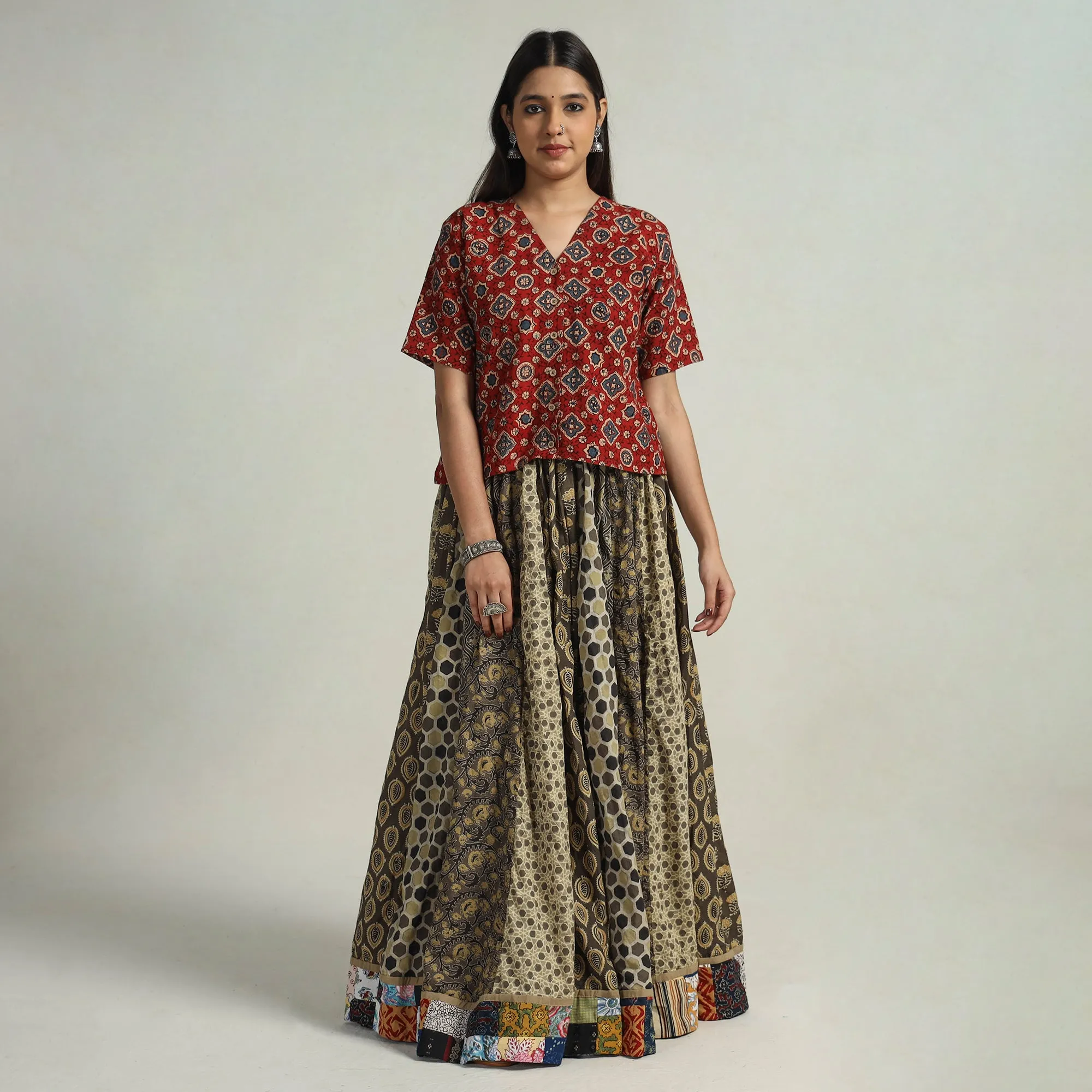 Multicolor - Kutch Block Printed 24 Kali Cotton Long Skirt 12