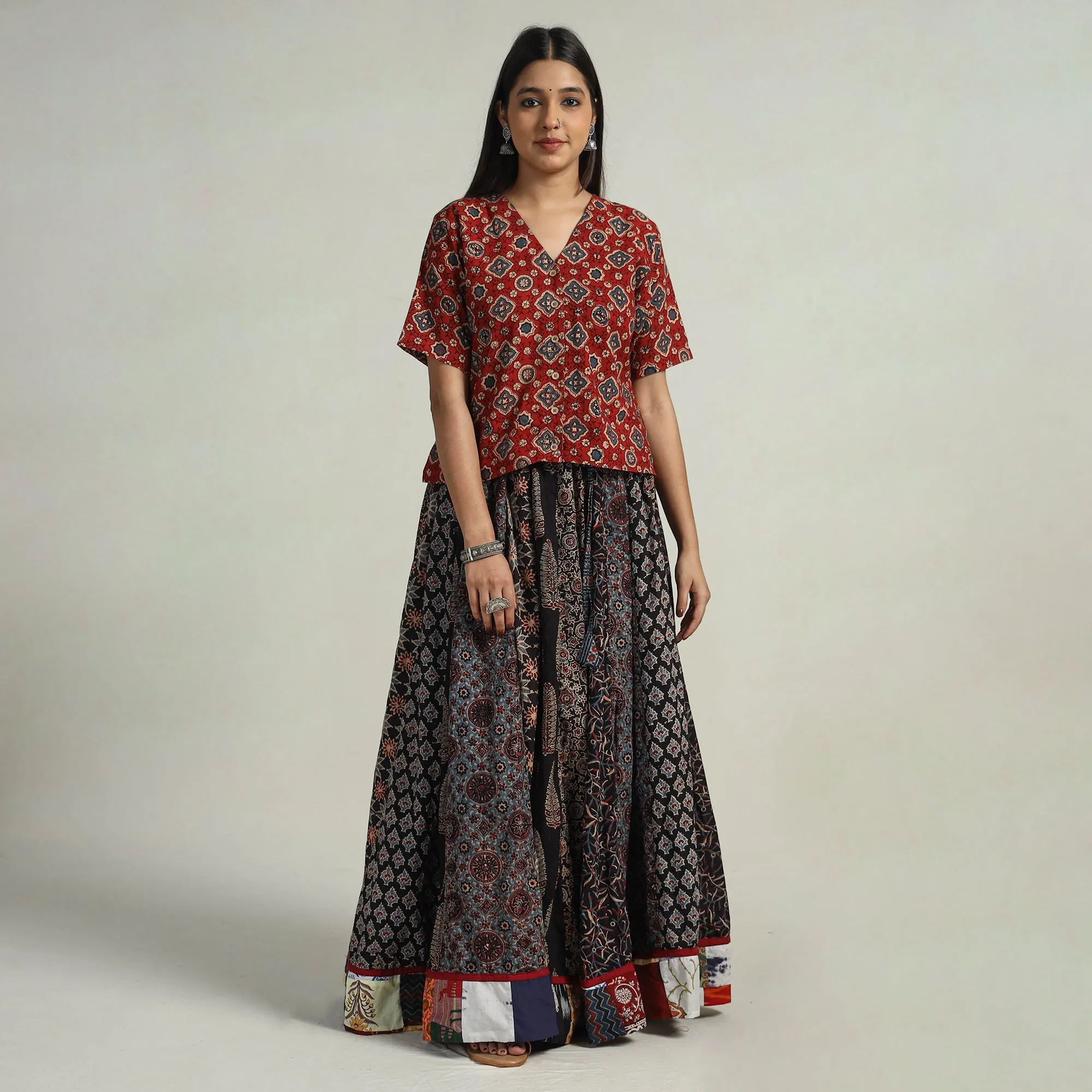 Multicolor - Kutch Block Printed 24 Kali Cotton Long Skirt 17