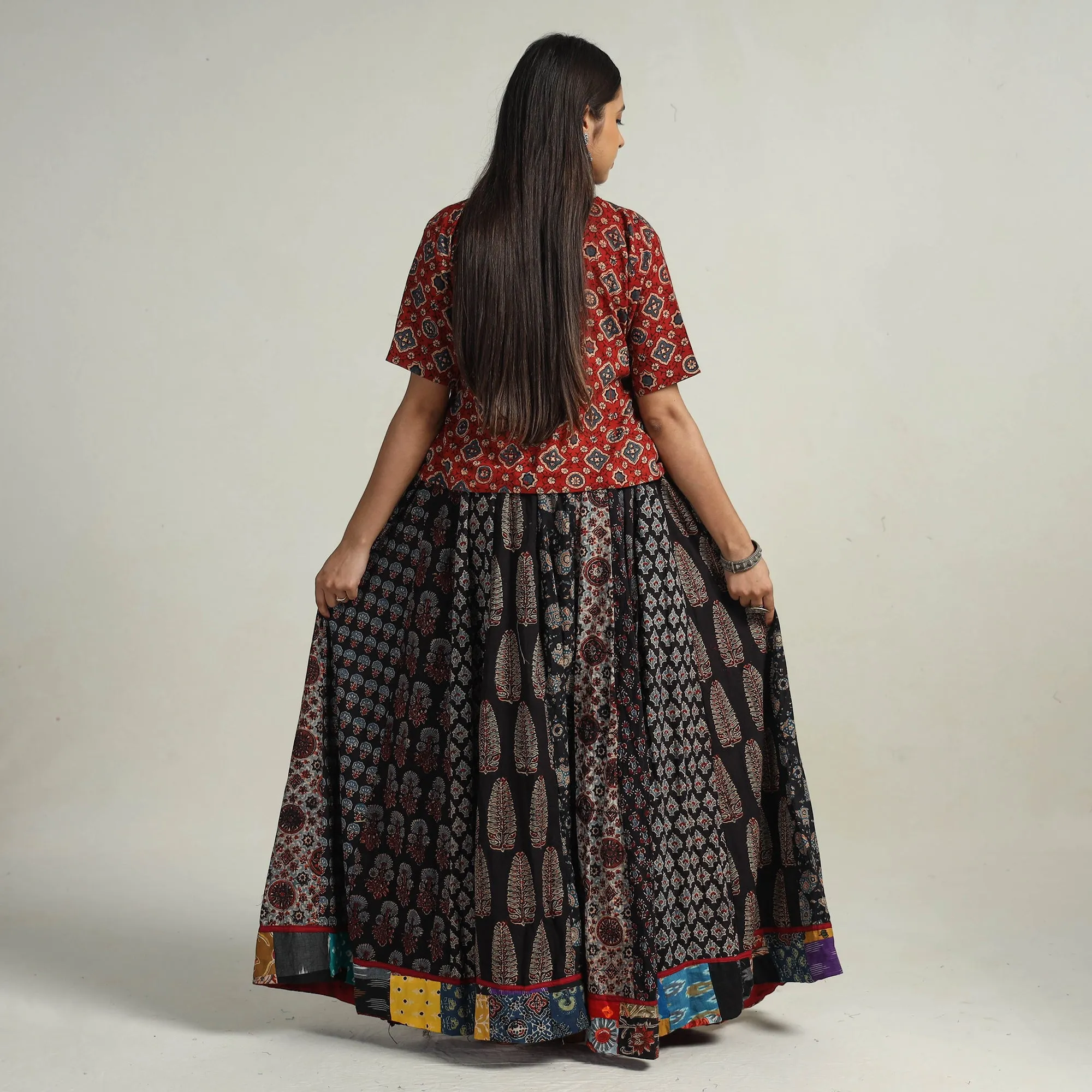 Multicolor - Kutch Block Printed 24 Kali Cotton Long Skirt 31