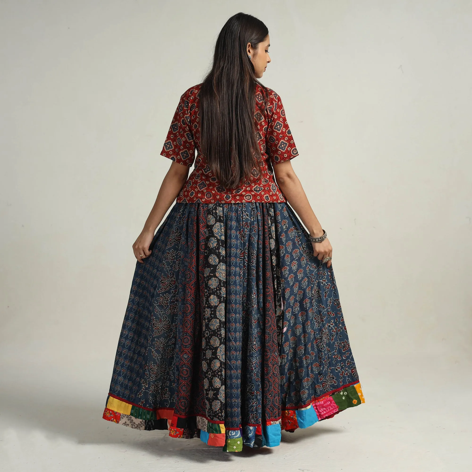 Multicolor - Kutch Block Printed 24 Kali Cotton Long Skirt 39