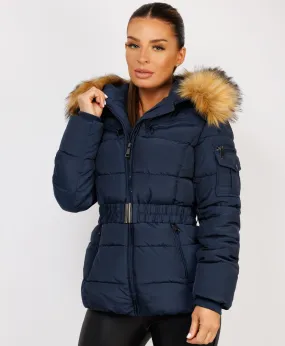 Navy Padded Waist Belted Faux Fur Hooded Jacket